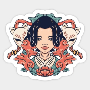 Sketch of Japanese Girl with Kitsune Masks Sticker